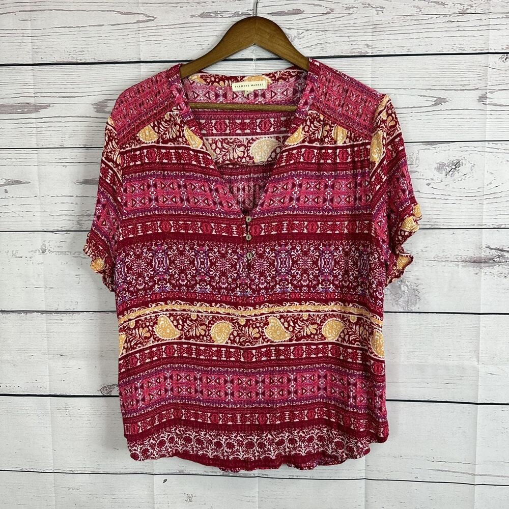 Farmers Market Top Shirt Womens 2X Pink Button Bohemian Paisley Southwestern